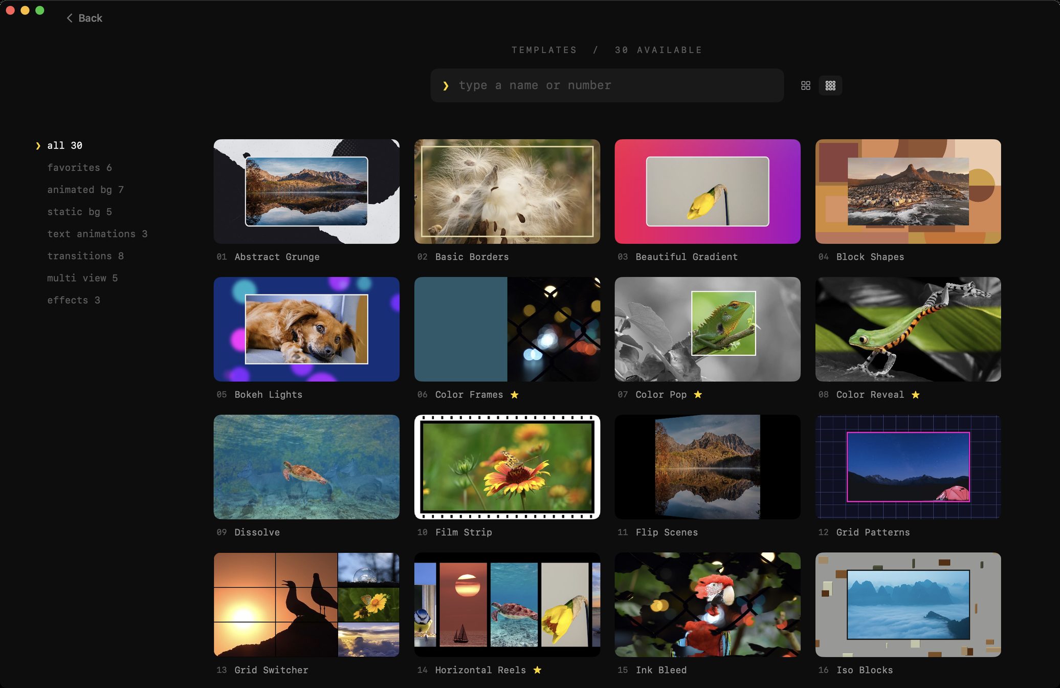 The templates browser, 38 templates with category filters, search and favorites
