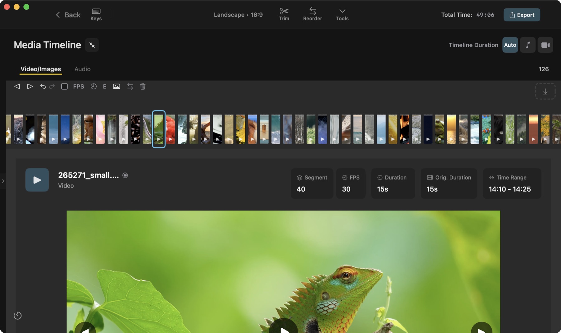 The ClipBatch editor with a full timeline of clips loaded